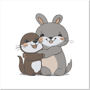 Rabbit & Otter Hug Posters and Art